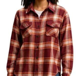 Signature Studios Burgundy Plaid Button Down Long Sleeve Flannel Shirt Size L